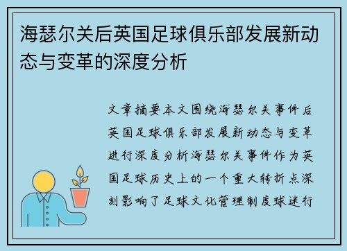 海瑟尔关后英国足球俱乐部发展新动态与变革的深度分析 海瑟尔关后英国足球俱乐部发展新动态与变革的深度分析