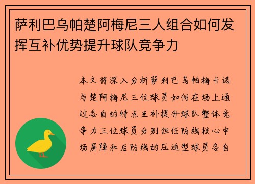 萨利巴乌帕楚阿梅尼三人组合如何发挥互补优势提升球队竞争力